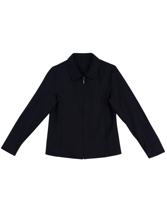 A ladies' wool blend corporate jacket in black, featuring a collar and zip closure, with a logo on the chest.