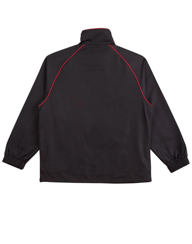 A black track jacket with red piping, featuring a high collar and elastic cuffs. It has a logo on the back.