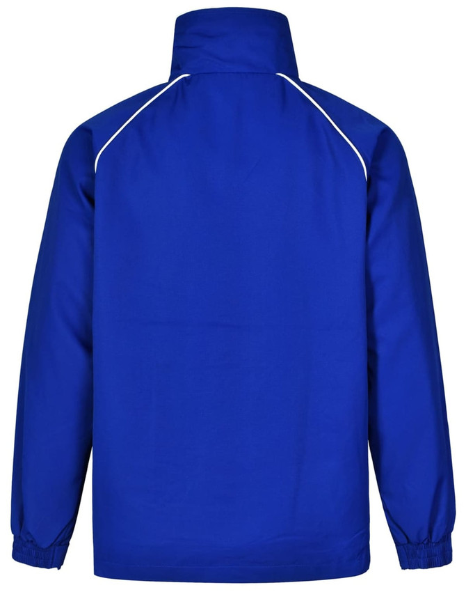 A blue adult track top jacket featuring a high collar and white piping details, with a logo on the design.