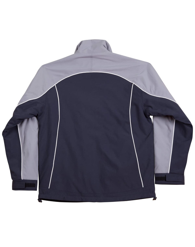 A reversible jacket featuring contrast navy and grey colours with white stitching and a high collar. It has a logo on it.