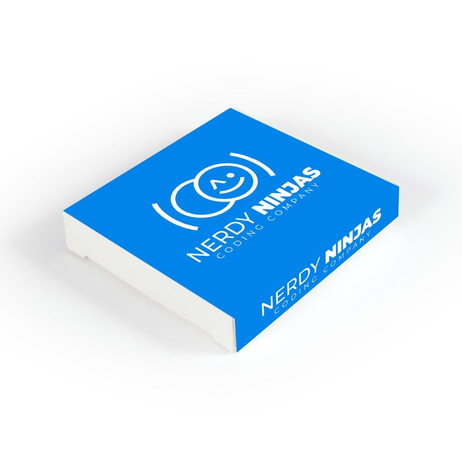 A blue box featuring a logo and branding for "Nerdy Ninjas Coding Company." The box has a white base.