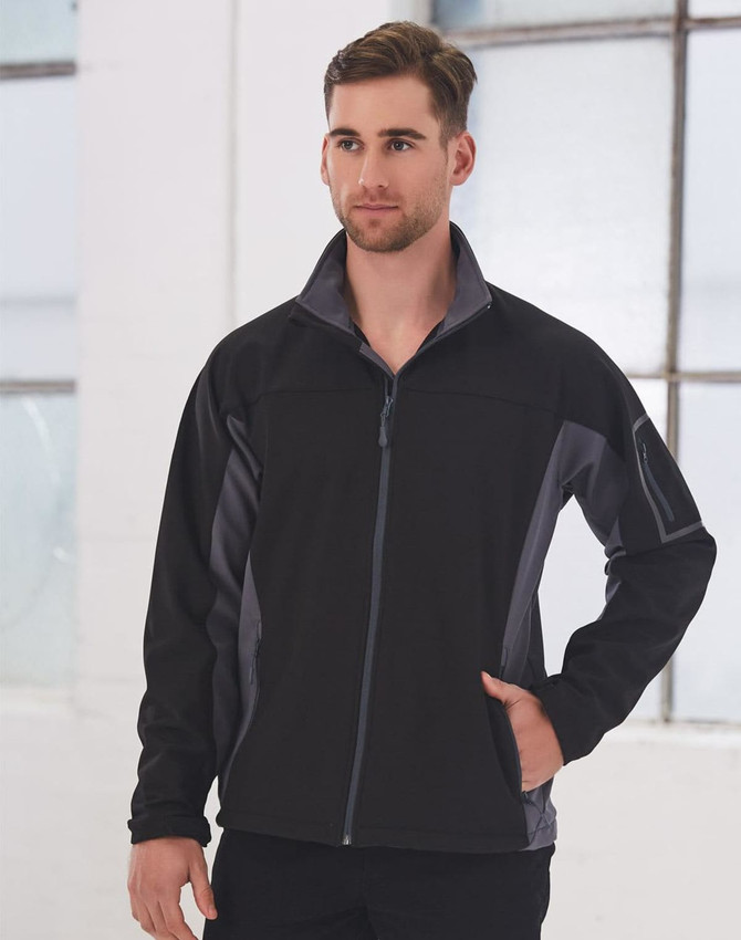 A men's softshell jacket in black with grey contrast panels, featuring a zip front and side pockets.