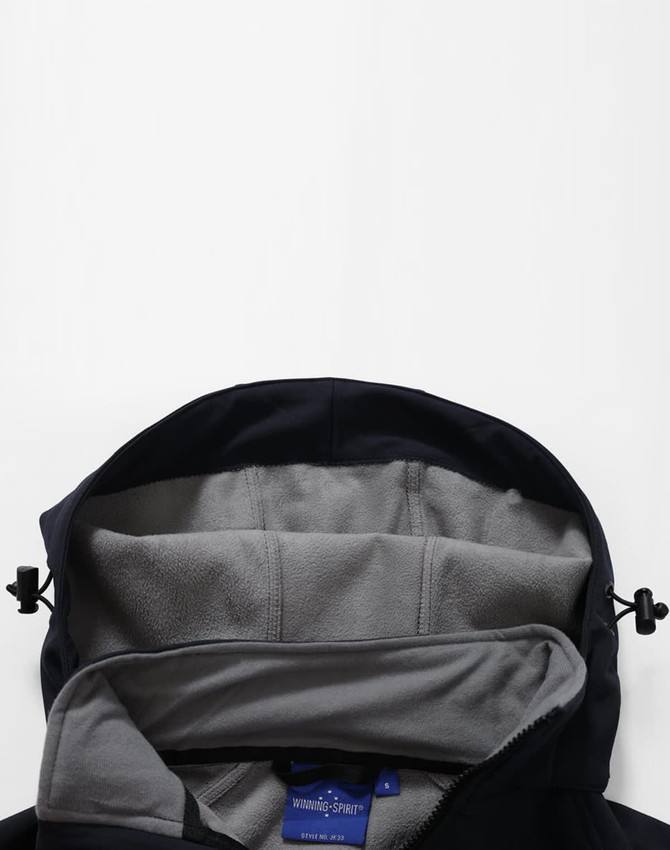 A navy softshell full zip hoodie with a grey interior, featuring an adjustable hood and a logo.
