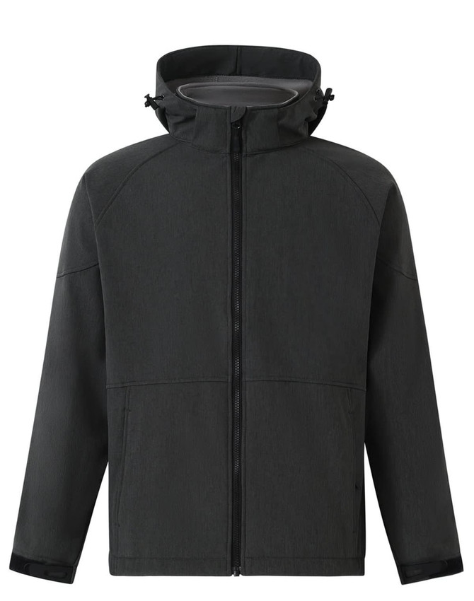 A softshell full zip hoodie in dark grey, featuring a hood and zippered pockets, with a logo on the chest.