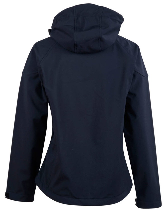A navy ladies' softshell full zip hoodie with a hood and a logo on the back.