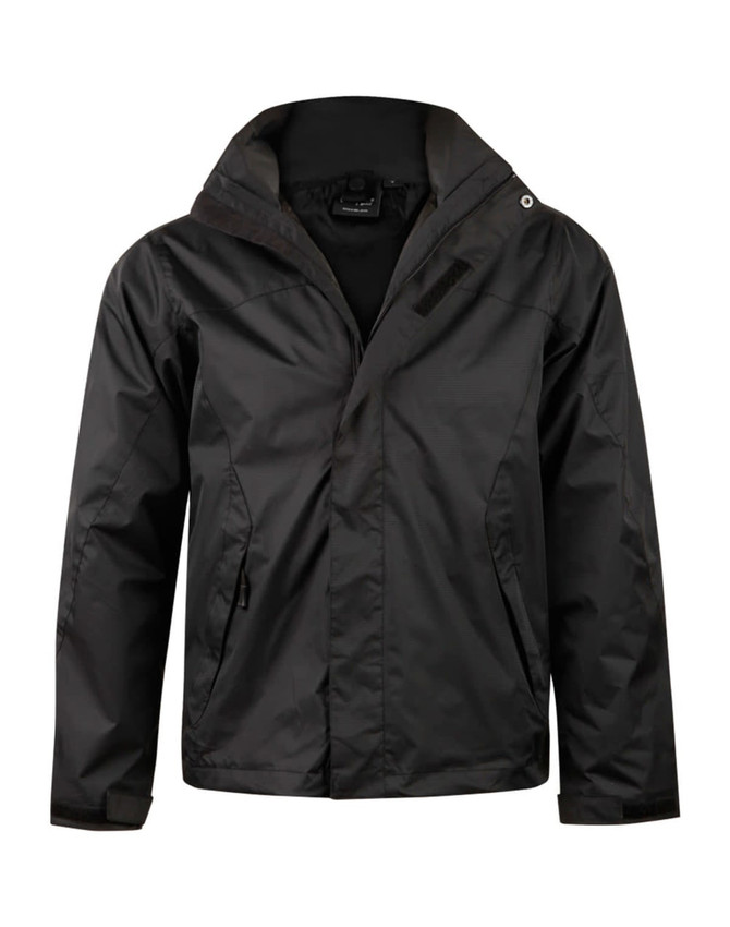 A black versatile jacket with a hood, featuring side pockets and a logo.