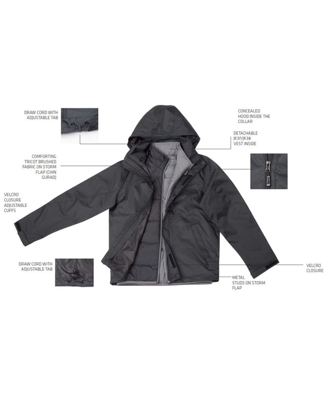 A black versatile vest displayed with a hood, adjustable cuffs, and concealed features. It includes a branding logo.