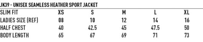 A unisex seamless heather jacket in various sizes with a slim fit, featuring a logo. Available in multiple colours.