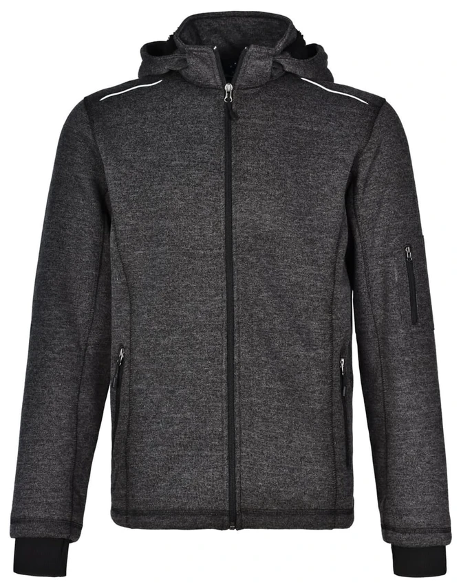 A men's heather bonded fleece jacket in dark grey, featuring a zipped front and a hood, with a logo on the side.
