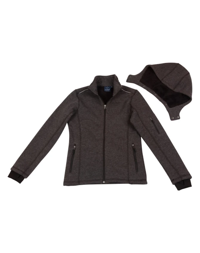A grey bonded fleece jacket with a removable hood, featuring two front pockets and a zip closure.