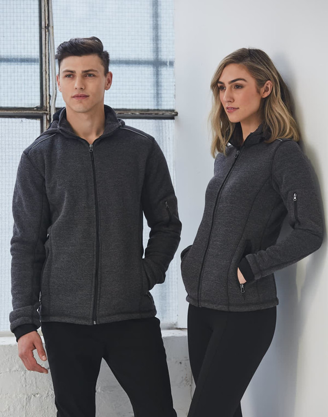 A men's and women's heathered charcoal fleece jacket featuring a front zip and pockets, with a logo on the jacket.