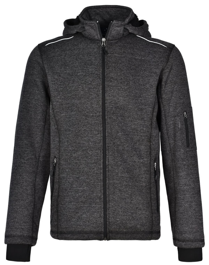 A men's heather bonded fleece jacket in dark grey, featuring a zipped front and a hood, with a logo on the side.