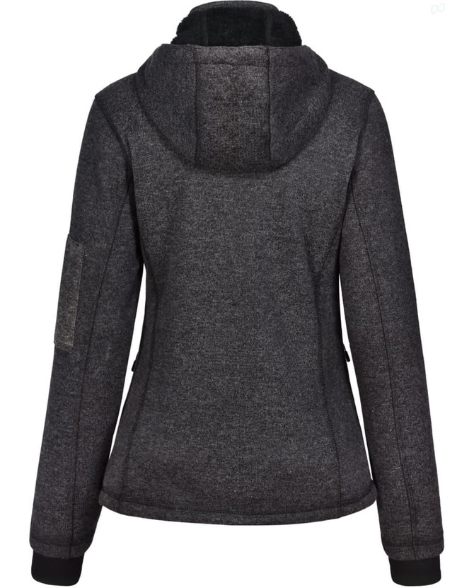 A ladies' grey bonded fleece jacket with a hood, featuring a fitted design and an included logo.
