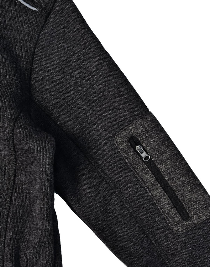 A dark grey fleece jacket featuring a zipped pocket on the sleeve and a logo on the front.
