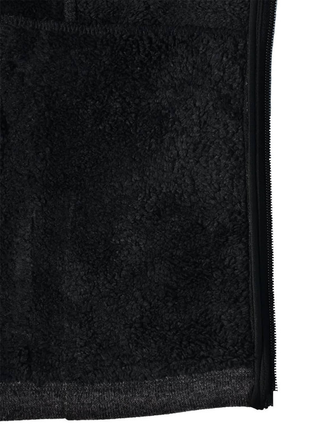 A black ladies' heather bonded fleece jacket featuring a zip closure and soft, textured fabric.