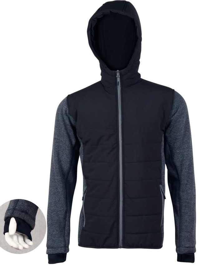 A black and grey men's heather sleeve quilted body jacket with a hood and zipped pockets. Features a logo.