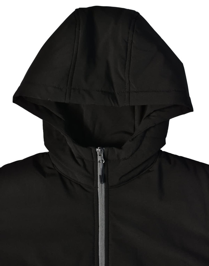 A black women's quilted jacket featuring a hood and a front zip, with a logo on the design.