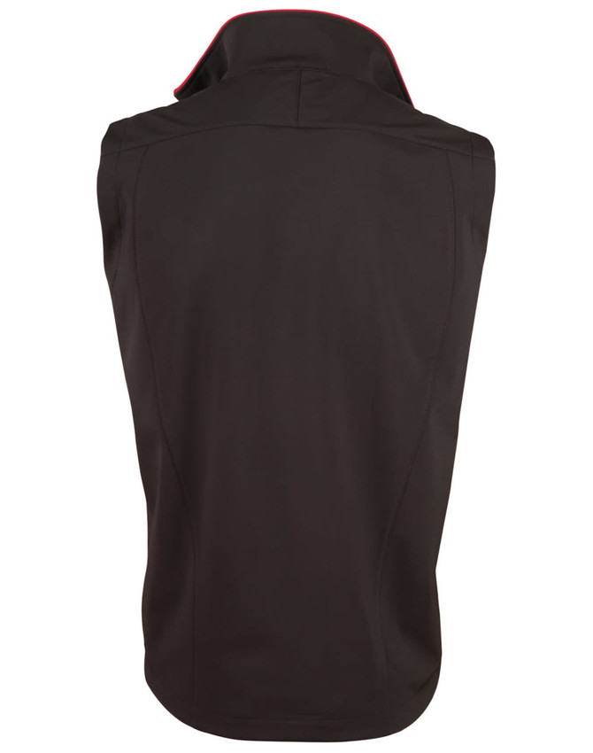 A black men's softshell contrast vest featuring a red trim and a logo on the back.