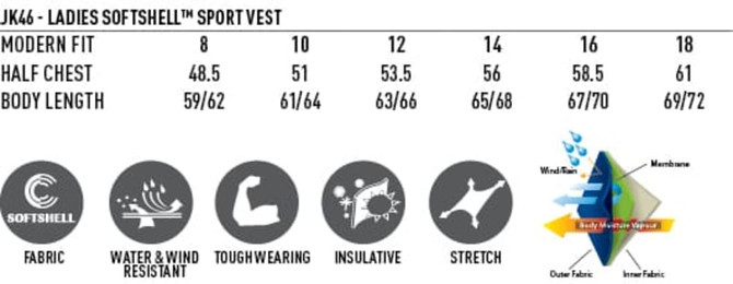 A ladies' softshell vest in various sizes, featuring a modern fit, available in contrasting colours with a logo.