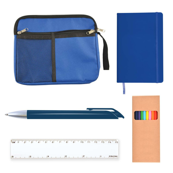A blue zippered pouch, a blue notebook, a silver pen, a ruler, and a box of colored markers.