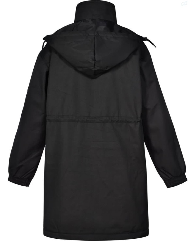 A black long line stadium jacket with a hood and elastic cuffs, featuring a cinched waist and a logo.
