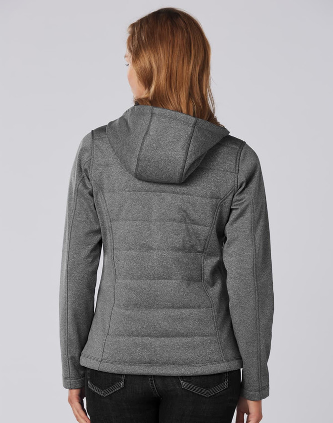 A grey, ladies' cationic quilted jacket with a hood, featuring a fitted design and a logo on the back.