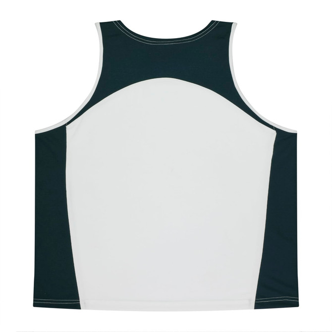 A men's singlet in dark green and white with a logo, featuring a sporty design and a back view.