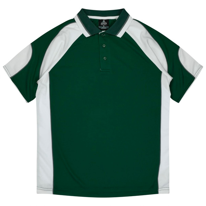 A green and white polo shirt with a collar and short sleeves, featuring a logo on the chest.
