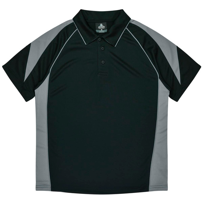 A black and grey polo shirt with short sleeves and a collar, featuring a logo on the front.