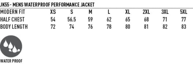 A men's waterproof performance jacket in various sizes, featuring a modern fit and a logo.