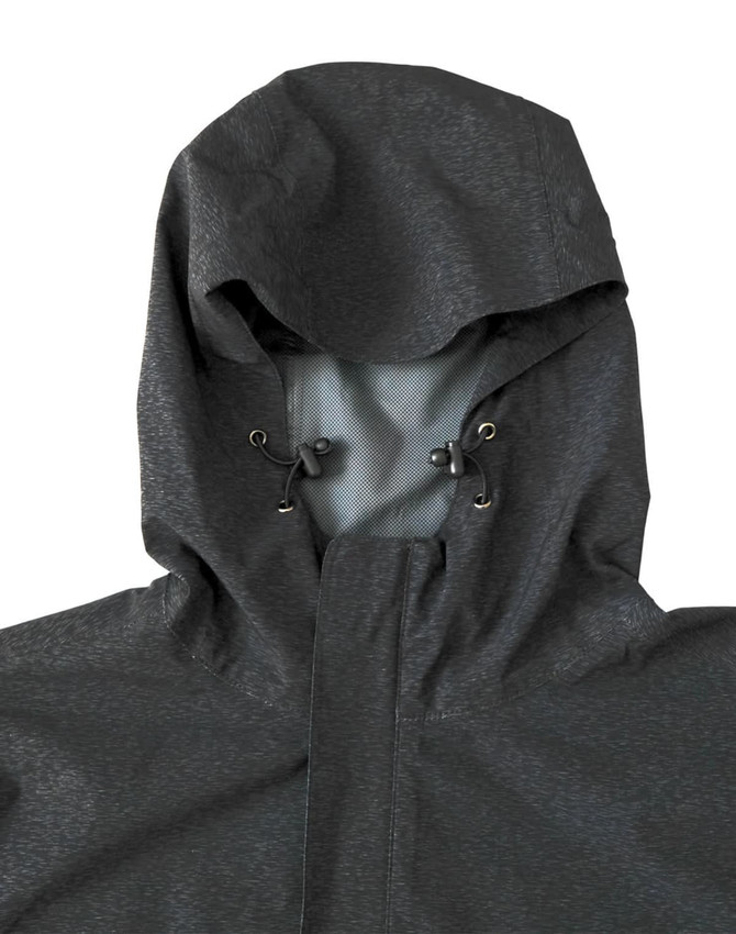 A men's waterproof performance jacket in dark grey, featuring a hood and adjustable ties. It has a logo on the chest.