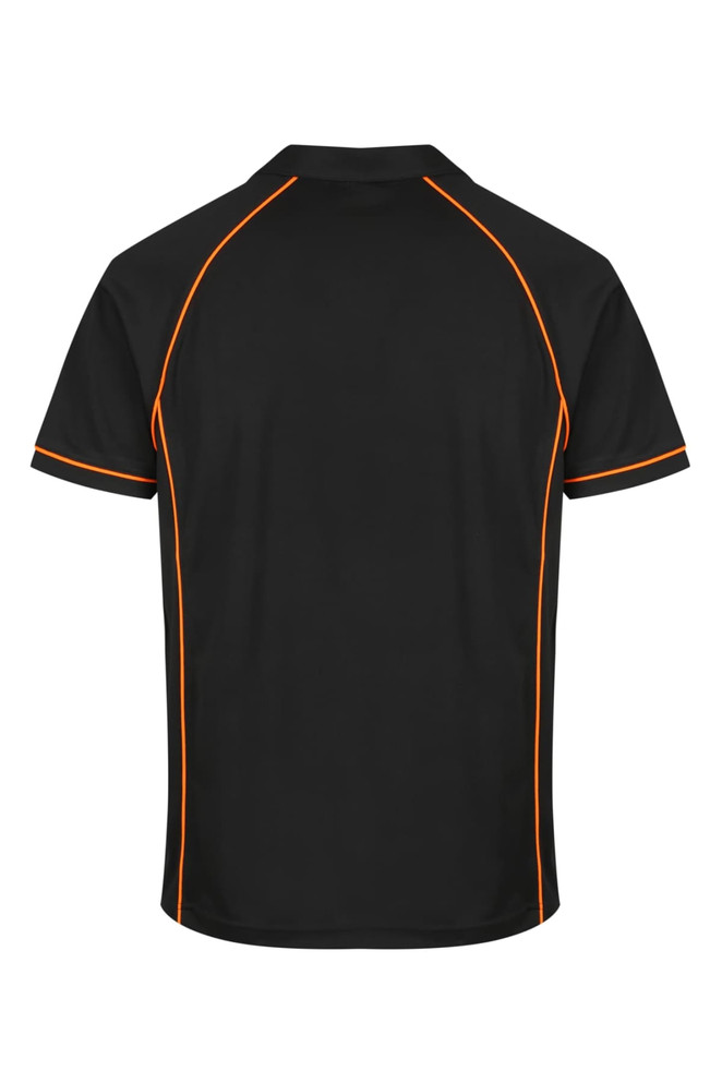 A black polo shirt featuring contrasting orange piping and a logo on the back.