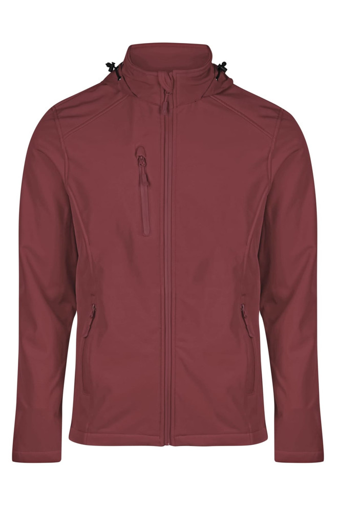 A burgundy jacket featuring a zip-up front, pockets, and a hood, with branding present.