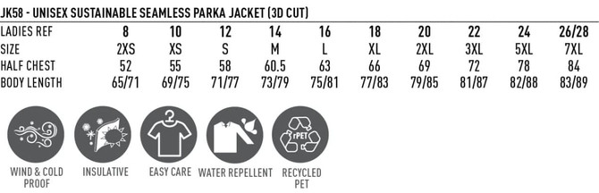 A sizing chart for a unisex sustainable seamless parka jacket, featuring measurements and care instructions.
