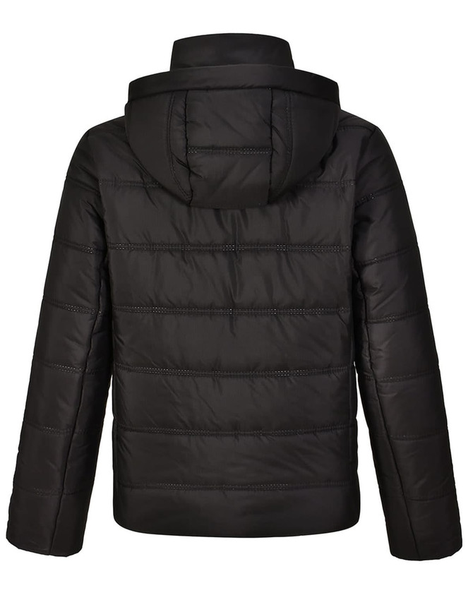 A black unisex sustainable seamless parka jacket with a hood, featuring a 3D cut design on the back.
