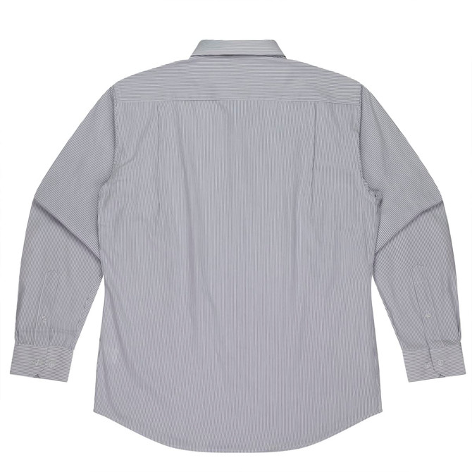 A long sleeve button-up shirt featuring a striped pattern in shades of grey, with a back view.