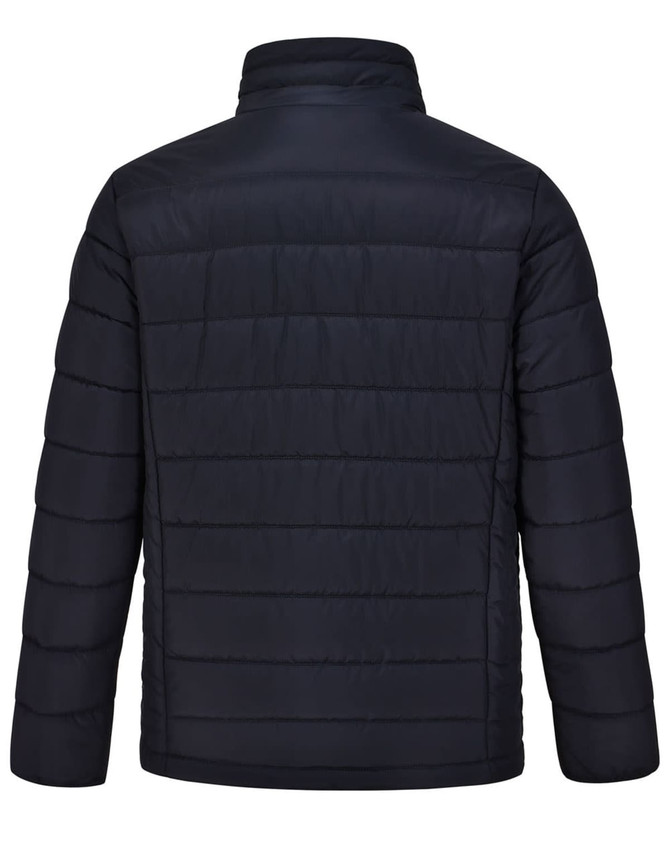 A men's sustainable insulated puffer jacket in dark navy, featuring a 3D cut design and a logo.
