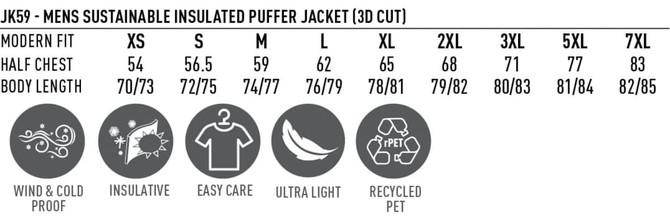 A black insulated puffer jacket with a modern fit and a logo, featuring details on sizing and sustainable materials.