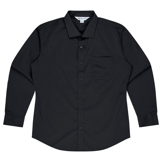 A long sleeve black button-up shirt with a single chest pocket and a collar, featuring a logo.