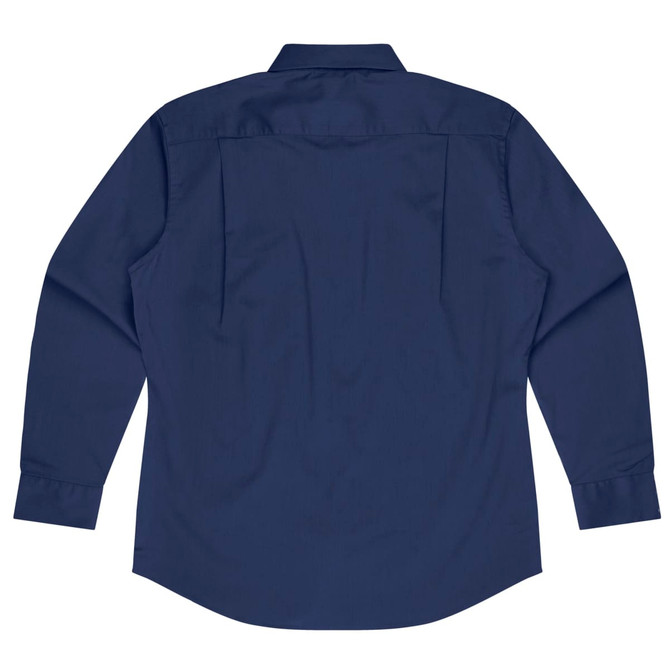 A navy blue long-sleeve button-up shirt featuring a standard collar and a back yoke detail. It has a logo.