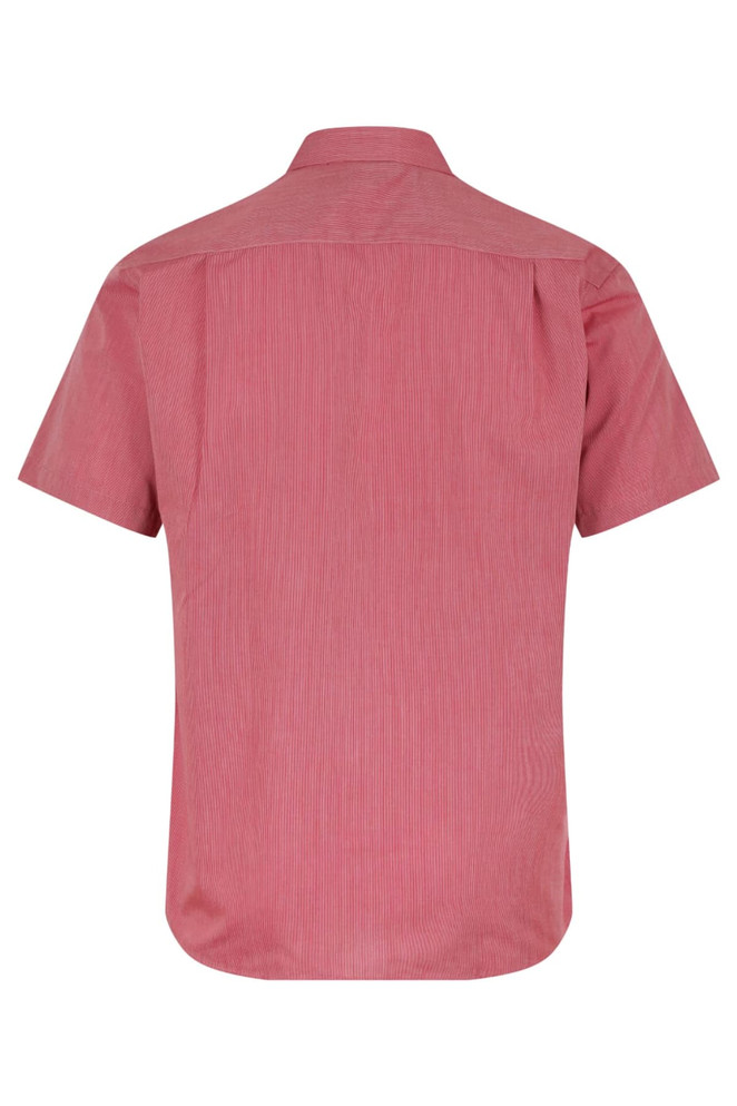 A short-sleeve button-up shirt in a red and white striped pattern, featuring a back yoke and a logo.