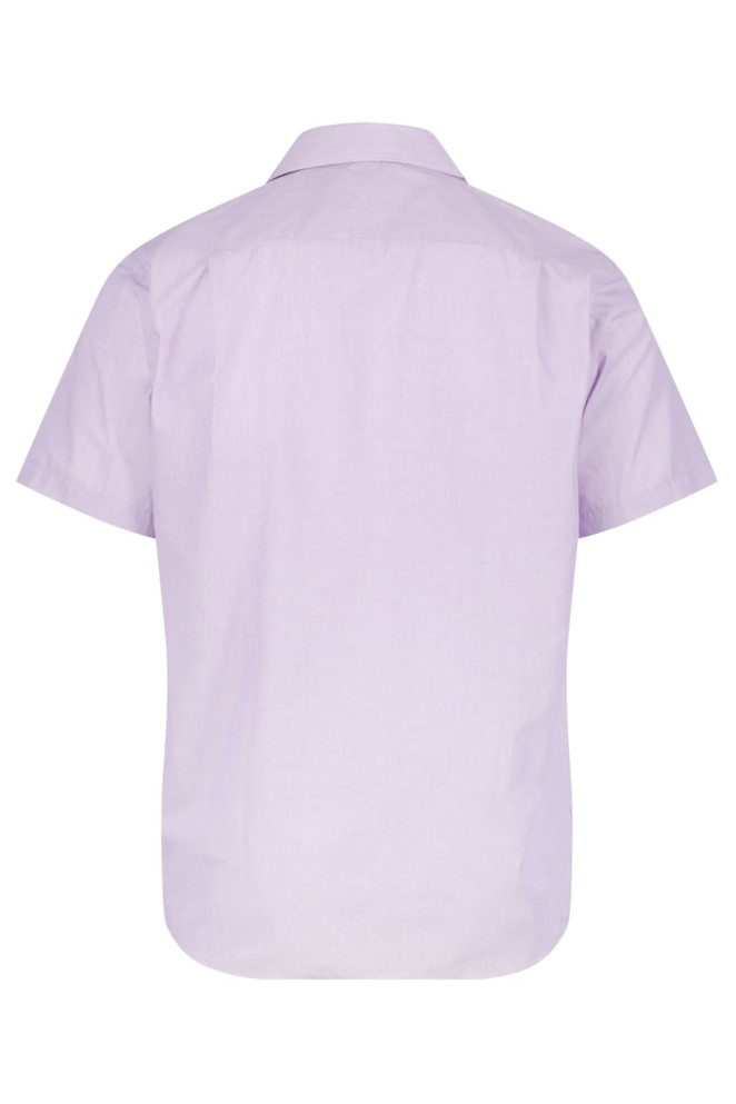 A short sleeve button-up shirt in light purple with a plain back design and a collar.
