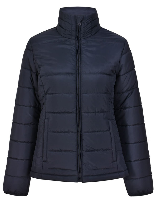 A navy ladies' insulated puffer jacket with a high collar and a zip-up front, featuring a logo.