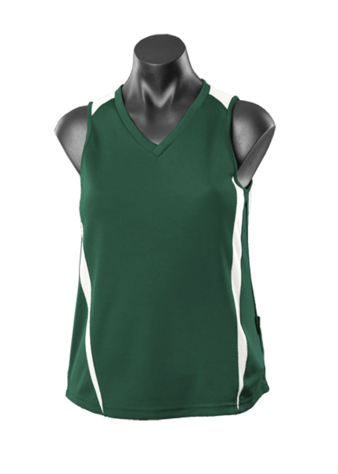 A green singlet with white accents, featuring a v-neck design and a logo on the side.