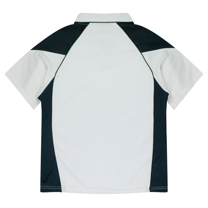A polo shirt featuring a predominantly white design with dark navy accents on the shoulders and sides, and a logo.