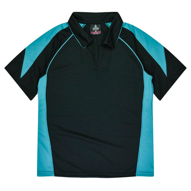 A black and teal polo shirt featuring a collar and contrasting panels, with a logo on the chest.