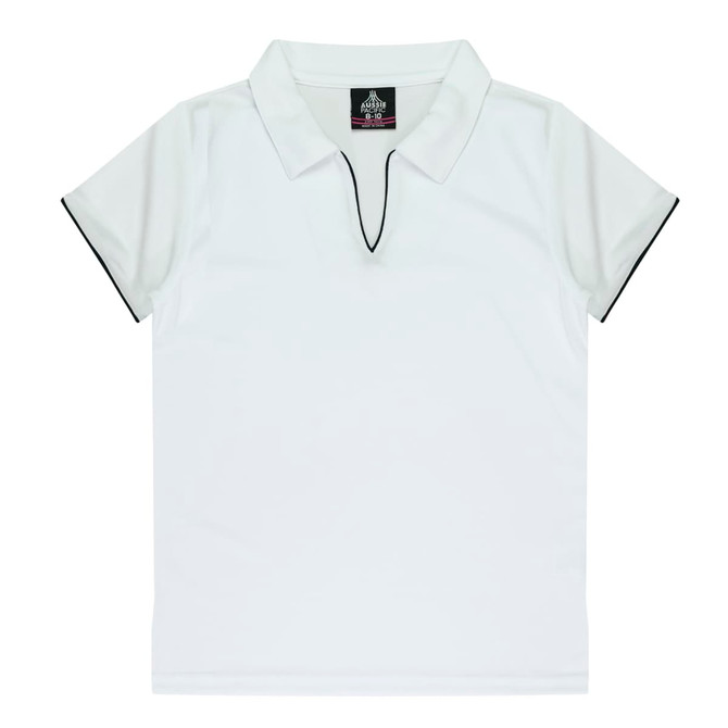 A white polo shirt with a black trim and a collar, featuring a logo on the inside.