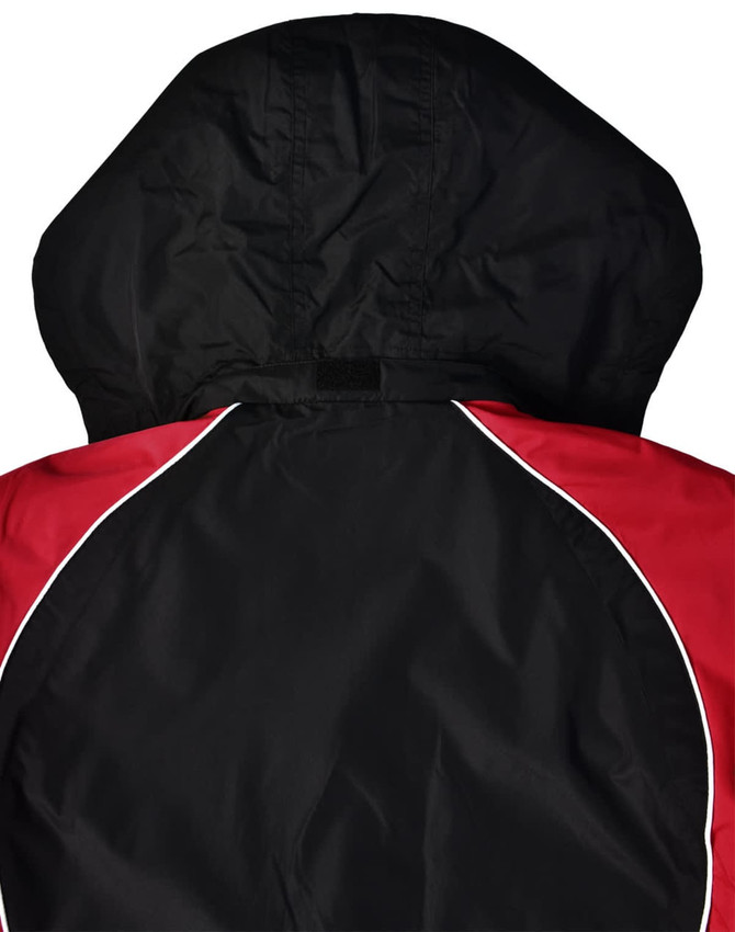 A unisex jacket featuring a hood, primarily black with red accents and white piping. It has a logo on the back.