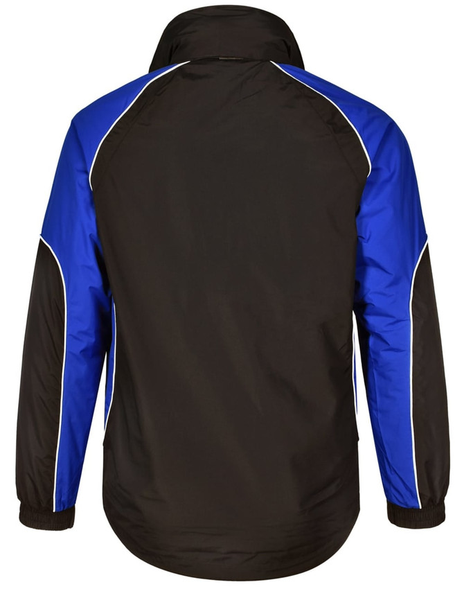 A unisex jacket featuring a black body with blue panels and a logo on the back.