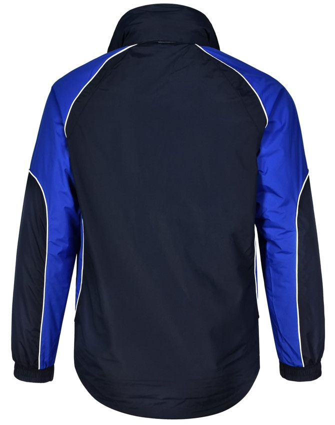 A unisex jacket featuring a navy body with blue and white accents, designed without a front view.